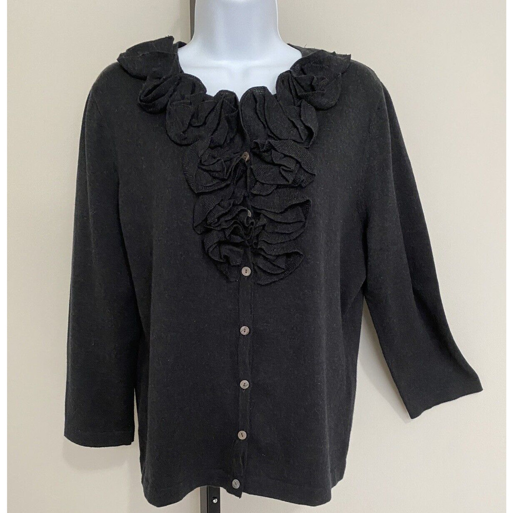 NWT Jones Wear Ladies Cardigan Cotton Knit Sweater Black XL Ruffle 3/4 Sleeve